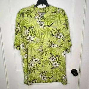 Caribbean Joe Kiwi Green Floral Leaf Hawaiian Cabana Shirt 100% Rayon Size XL